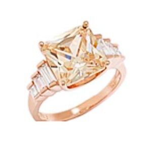 SIMULATED DIAMOND RING, PRINCESS CUT CHAMPAGNE, SIZE 8, ROSE GOLD PLATED STERLIN